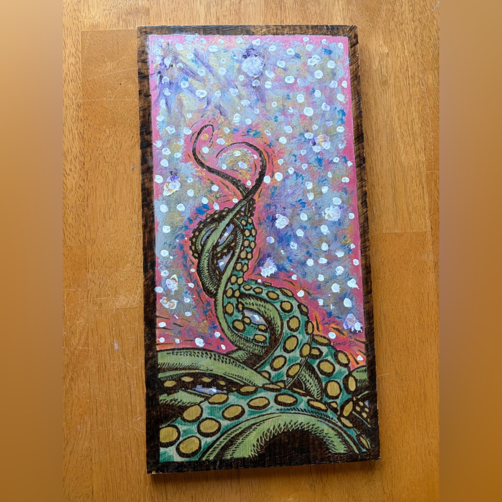 Octopus Tentacle Pyrography on Wood Panel Mixed Media Painting Wall Art 17X9 - Picture 2 of 16